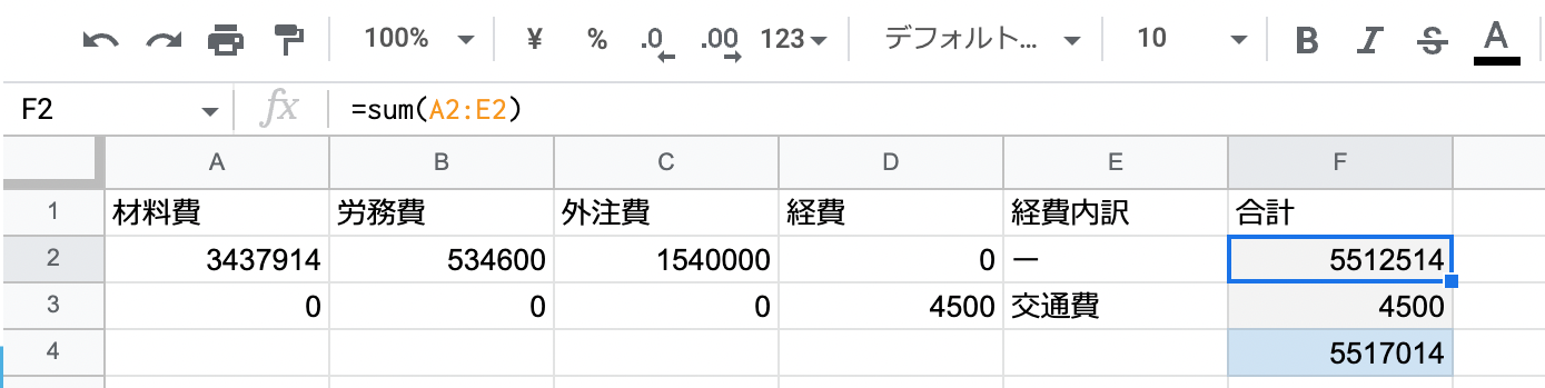 工事台帳の数式の例