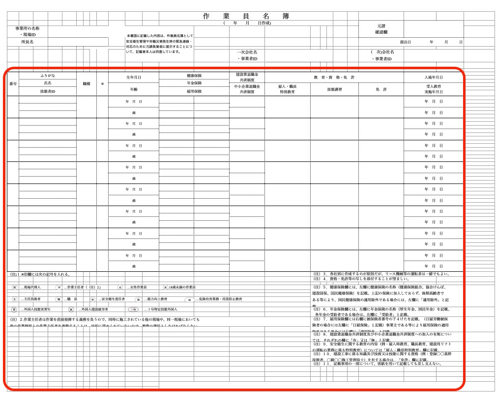作業員名簿 欄内